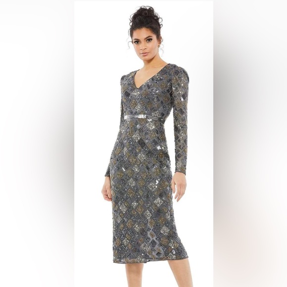 COPY - Mac Duggal Cocktail - 5472D Tea Length Geo-Beaded Dress, Sz12 - Picture 1 of 11